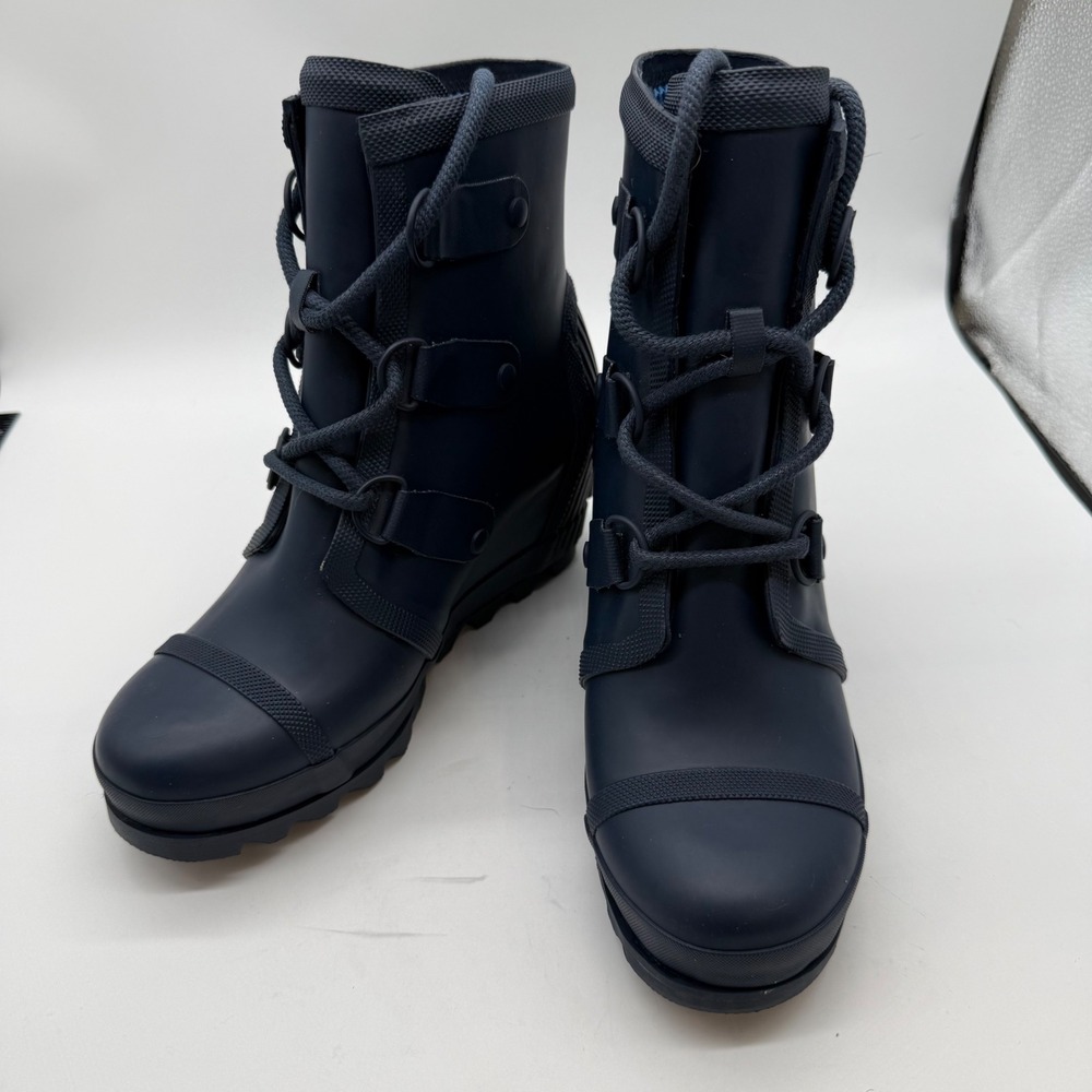 Sorel 8.5 Joan of Arctic Wedge II Rain Boots Navy Blue Rubber NL2442-464 Womens